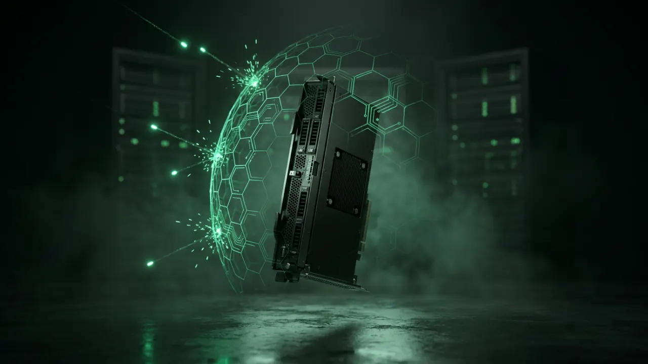 A black server blade in a dark datacenter enclosed in a luminous emerald hexagonal shield, incoming green light-particles breaking apart against the barrier