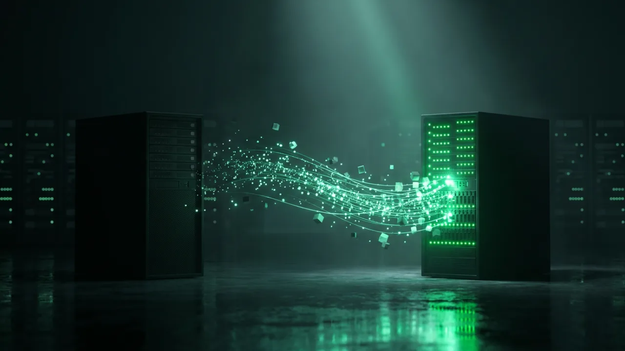 Two black server towers in a dark datacenter, a luminous emerald stream of data particles arcing from the dimming machine on the left into the fully lit machine on the right